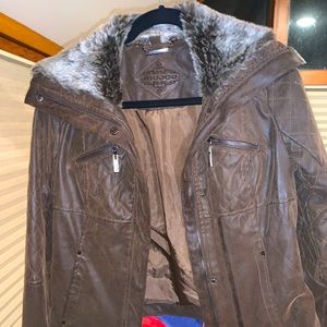 Brown leather jacket. JOUJOU. Faux fur collar. Super warm and stylish.